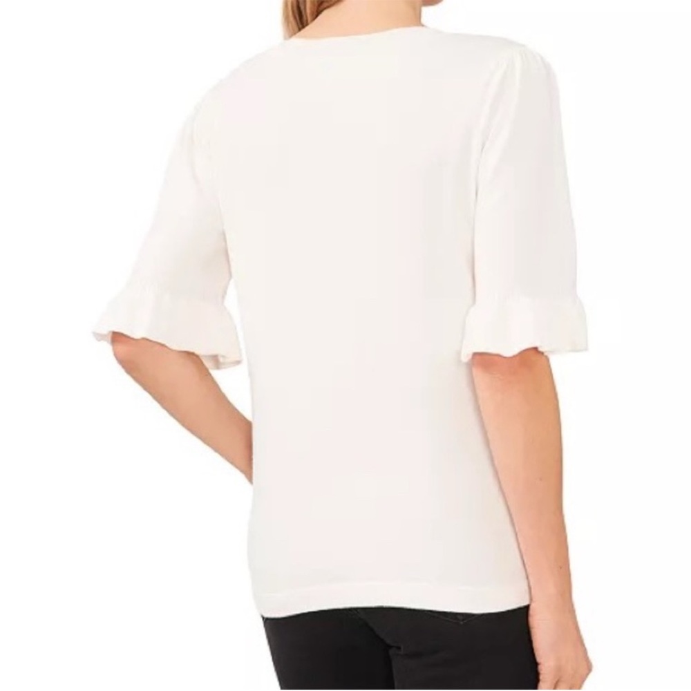 CeCe Crystal Bow Front Ruffle Cuff Sweater Top White Black Coquette Casual M - Picture 6 of 15